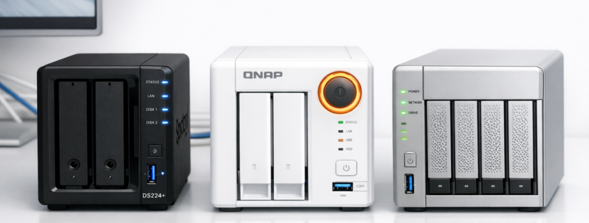 Synology vs QNAP vs TrueNAS: Welches NAS-System 2026? – Synology vs QNAP vs TrueNAS NAS-Systeme Vergleich 2026 - drei NAS-Geräte nebeneinander