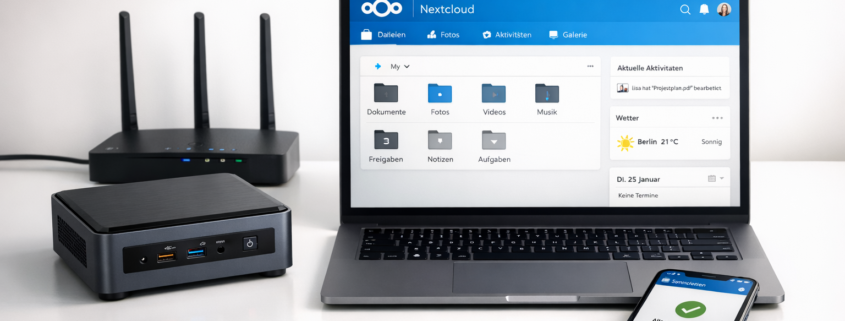 Nextcloud installieren: Private Cloud auf dem Home Server – Nextcloud Home Server Setup mit Mini-PC, Router und synchronisierten Geräten