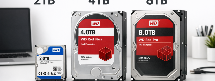Home Server Festplatten Größe berechnen: Wie viel Speicher? – Vergleich von 2TB, 4TB und 8TB Festplatten für Home Server auf modernem Schreibtisch