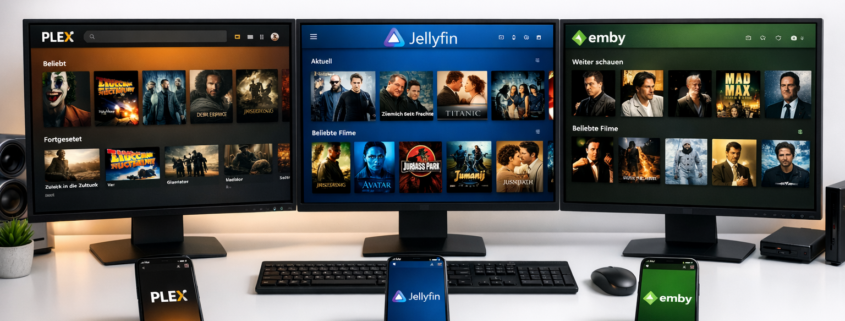 Plex vs Jellyfin vs Emby: Media Server Vergleich 2026 – Plex vs Jellyfin vs Emby Media Server Vergleich auf drei Bildschirmen mit Smartphones