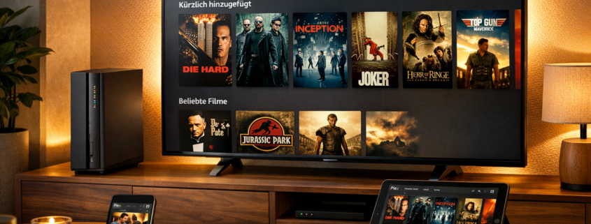 Plex Media Server installieren: Schritt-für-Schritt Anleitung – Plex Media Server Installation im modernen Wohnzimmer mit Fernseher, Smartphone und Tablet