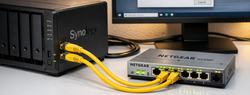 NAS-Netzwerk optimieren: Gigabit und Link Aggregation – NAS mit Link Aggregation Setup - zwei Ethernet-Kabel verbinden NAS mit Managed Switch für optimale Geschwindigkeit