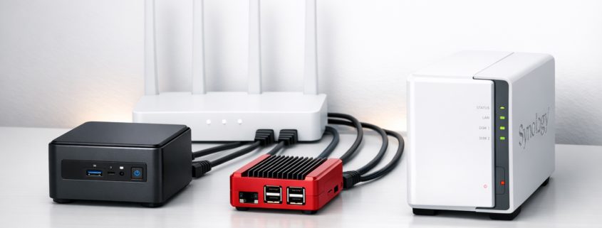 Beste Home Server Hardware 2026: Mini-PC vs Raspberry Pi vs NAS – Vergleich der besten Home Server Hardware 2026: Mini-PC, Raspberry Pi und NAS-System auf modernem Schreibtisch