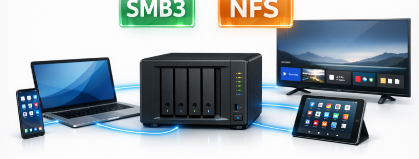 NFS vs SMB: Welches Protokoll für NAS-Freigaben wählen? – NAS-System mit SMB und NFS Protokollen für verschiedene Netzwerkgeräte im Heimnetzwerk