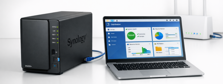 NAS einrichten: Schritt-für-Schritt Anleitung für Anfänger – Synology NAS Setup mit DiskStation DS220+ und Laptop auf Schreibtisch für Heimnetzwerk