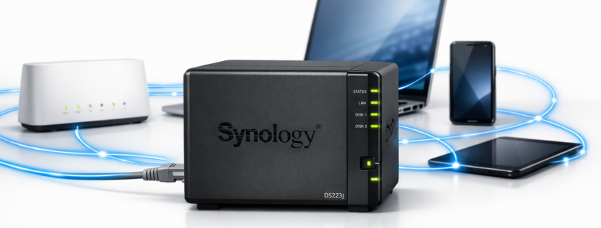 NAS im Heimnetzwerk konfigurieren: Statische IP und Netzwerkfreigaben – NAS Synology DiskStation im Heimnetzwerk mit Router, Laptop und mobilen Geräten verbunden