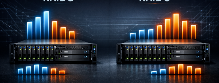 RAID 5 vs RAID 6 Performance Test: Geschwindigkeit im Vergleich – RAID 5 vs RAID 6 Performance Vergleich - Server-Arrays mit Geschwindigkeits-Visualisierung