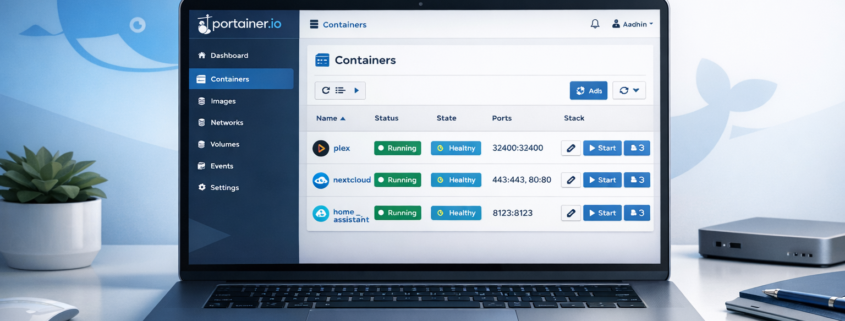 Portainer Grundlagen fuer Docker Einsteiger – Portainer Docker Management Interface auf Laptop - Tutorial für Container-Verwaltung 2026