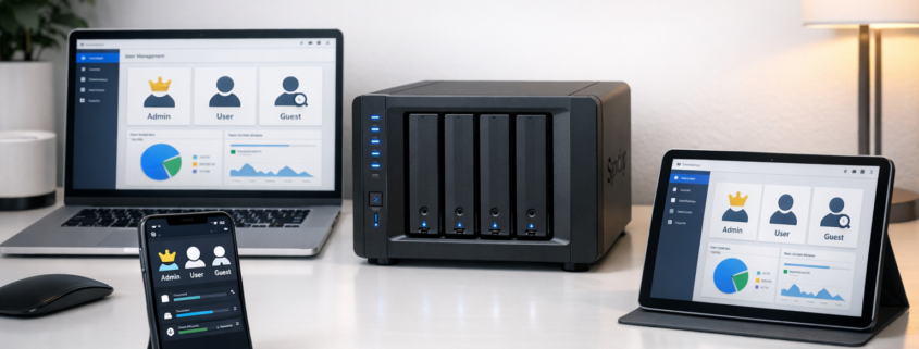 NAS-Benutzer und Berechtigungen richtig verwalten – NAS-Server mit Smartphone und Laptop für Benutzerverwaltung und Berechtigungen