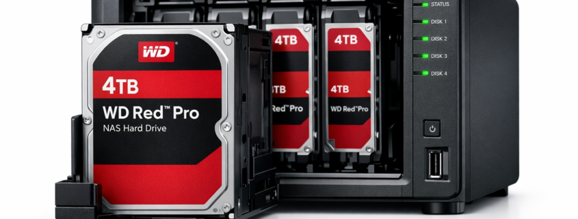 RAID Festplatten Empfehlung 2026: Beste HDDs für NAS-RAID – WD Red Pro 4TB NAS-Festplatte in geöffnetem Synology 4-Bay NAS-Gehäuse mit grünen Status-LEDs