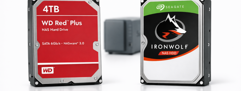 Beste NAS Festplatten 2026: WD Red vs Seagate IronWolf Test – WD Red Plus und Seagate IronWolf NAS-Festplatten 4TB Vergleich auf weißem Hintergrund