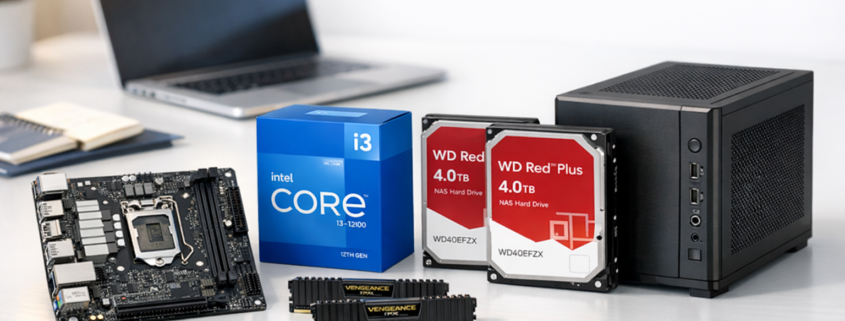 NAS selber bauen: Hardware-Guide für Einsteiger 2026 – NAS Hardware Komponenten - Intel i3-12100, ASRock Mainboard, RAM und WD Red Festplatten für selbstgebautes NAS