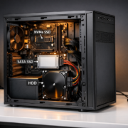 Home Server Festplatten auswählen: HDD vs SSD vs NVMe – Home Server mit verschiedenen Festplatten-Typen HDD SSD NVMe für optimale Speicher-Performance