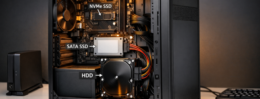 Home Server Festplatten auswählen: HDD vs SSD vs NVMe – Home Server mit verschiedenen Festplatten-Typen HDD SSD NVMe für optimale Speicher-Performance