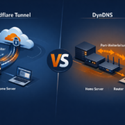 Cloudflare Tunnel vs DynDNS: Was ist besser für Home Server? – Cloudflare Tunnel vs DynDNS Vergleich für Home Server - technische Illustration der beiden Verbindungsmethoden