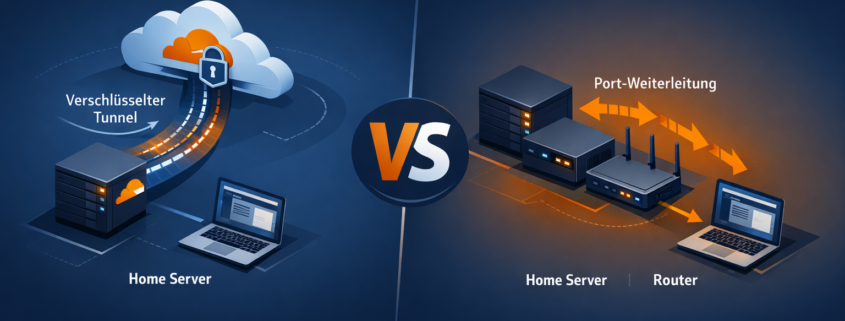 Cloudflare Tunnel vs DynDNS: Was ist besser für Home Server? – Cloudflare Tunnel vs DynDNS Vergleich für Home Server - technische Illustration der beiden Verbindungsmethoden