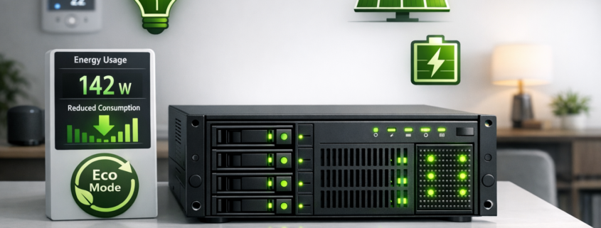 Home Server Stromverbrauch optimieren und Kosten senken – Home Server mit Energiesparsymbolen und digitalem Stromzähler in modernem Wohnzimmer