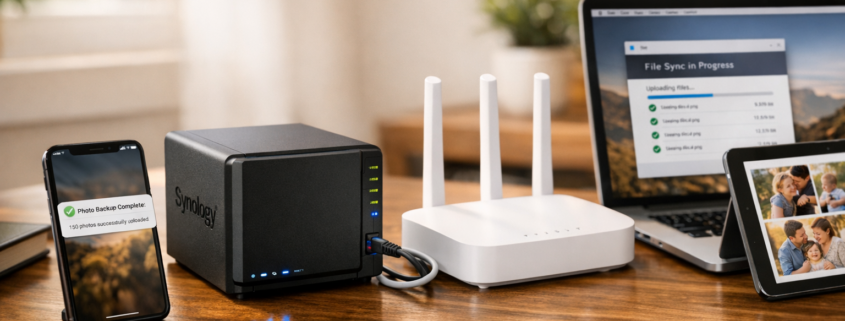 Nextcloud mit Docker Compose auf Home Server installieren – Synology NAS-Server neben WLAN-Router mit synchronisierenden Geräten für eigene Cloud zu Hause