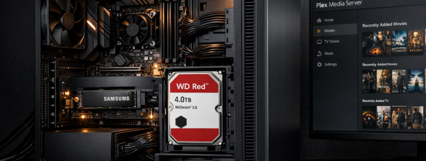 SSD vs HDD für Home Server: Welche Speicher wann nutzen? – Home Server mit SSD und HDD Hybrid-Setup - NVMe SSD und WD Red Festplatte im offenen Gehäuse