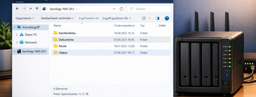 SMB-Freigaben einrichten: Windows-Zugriff auf NAS-Ordner – Windows Explorer zeigt NAS-Laufwerk mit Familienordnern - SMB-Freigabe erfolgreich eingerichtet