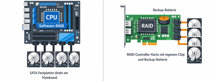 Software-RAID vs Hardware-RAID: Was ist besser für Home Server? – Software-RAID vs Hardware-RAID Vergleich für Home Server - Mainboard mit direkten SATA-Anschlüssen gegen dedizierten RAID-Controller