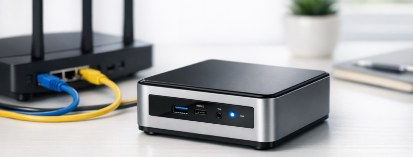 Home Server Hardware auswählen und Betriebssystem installieren 2026 – Intel NUC Mini-PC Home Server Setup neben Router auf Schreibtisch - kompakte Hardware für Einsteiger