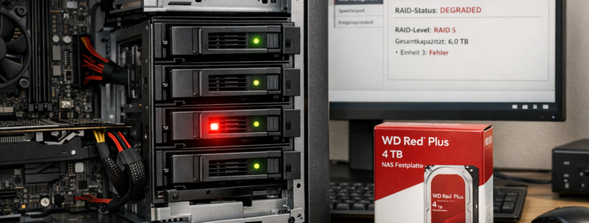 RAID Ausfall beheben: Festplatte tauschen und Rebuild starten – RAID-System mit defekter Festplatte und Ersatz-Hardware für Reparatur