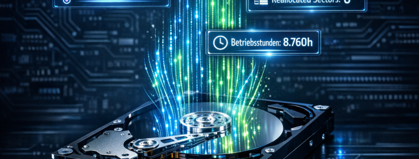 Festplatten Gesundheit überwachen: SMART-Werte richtig lesen – Festplatte mit digitalen SMART-Datenströmen für Gesundheitsüberwachung