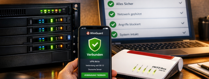 Home Server Sicherheit: VPN, Firewall und Backup richtig – Home Server Sicherheits-Setup mit Router, NAS und VPN-Verbindung für sicheren Fernzugriff