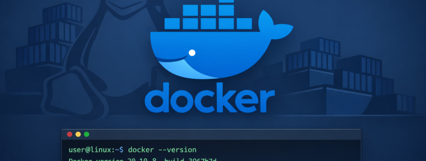 Docker und Docker Compose auf Linux installieren - Anfänger Guide – Docker Installation auf Linux - Modernes Docker Logo mit Terminal und Container-Symbolen