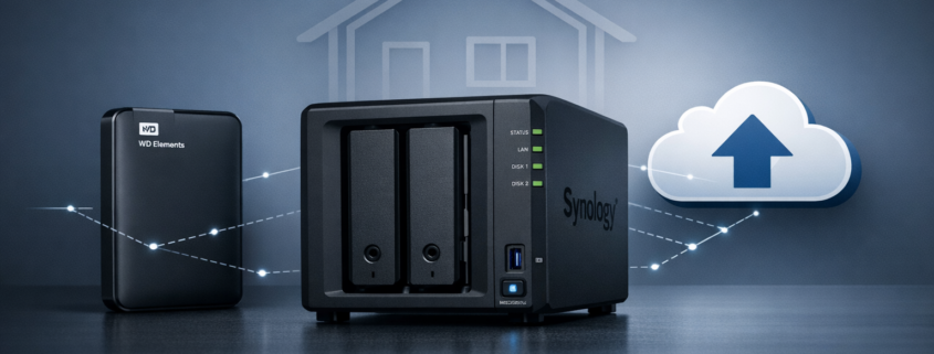 NAS Backup-Strategie: 3-2-1 Regel richtig umsetzen – NAS Backup-Strategie Setup mit Synology NAS, externer Festplatte und Cloud-Backup Visualisierung