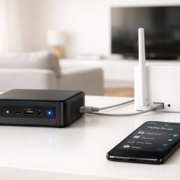 Home Server Setup für Einsteiger - Hardware bis erste Services – Intel NUC Mini-PC Home Server Setup auf Wohnzimmertisch neben Router für Einsteiger