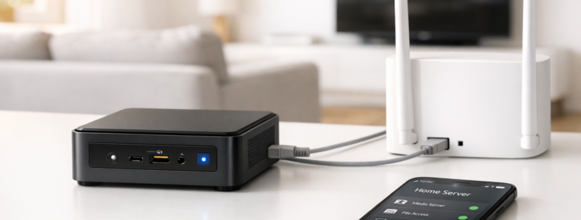 Home Server Setup für Einsteiger - Hardware bis erste Services – Intel NUC Mini-PC Home Server Setup auf Wohnzimmertisch neben Router für Einsteiger