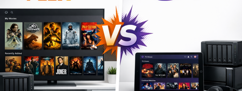 Plex vs Jellyfin 2026: Beste Media Server für Home Server – Plex vs Jellyfin Media Server Vergleich 2026 - Interface-Darstellung auf verschiedenen Geräten