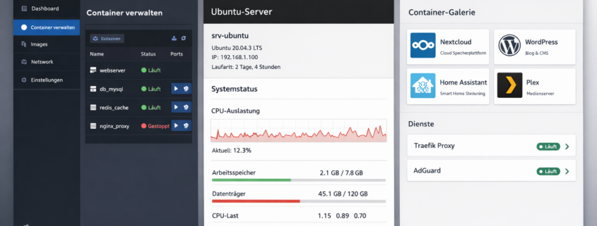 Portainer vs Cockpit vs Yacht: Docker GUI Vergleich 2026 – Portainer vs Cockpit vs Yacht Docker GUI Vergleich - drei Management-Interfaces nebeneinander