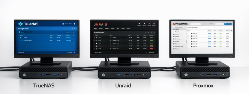 TrueNAS vs Unraid vs Proxmox: Welches OS für Home Server? – Drei moderne Mini-PCs mit TrueNAS, Unraid und Proxmox Home Server Betriebssystemen im Vergleich