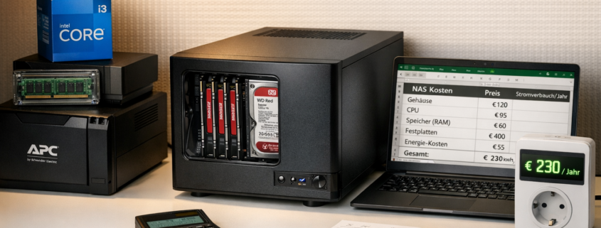 NAS Kosten Rechner: Was kostet ein selbstgebautes NAS wirklich? – NAS Kosten Rechner Setup mit Fractal Design Gehäuse, Hardware-Komponenten und Kostenübersicht