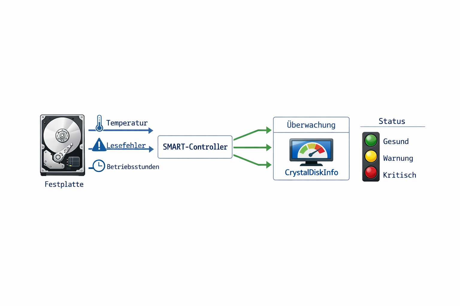 SMART-Überwachung Flussdiagramm von Festplatte zu Warnsystem