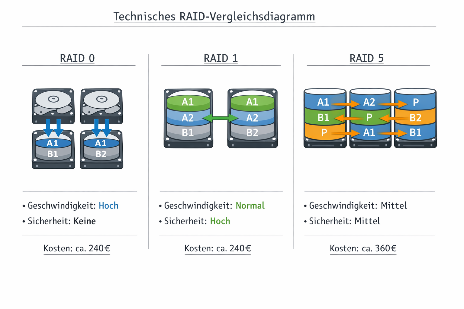 RAID-Level Vergleichsdiagramm mit Geschwindigkeit, Sicherheit und Kosten für RAID 0, 1 und 5