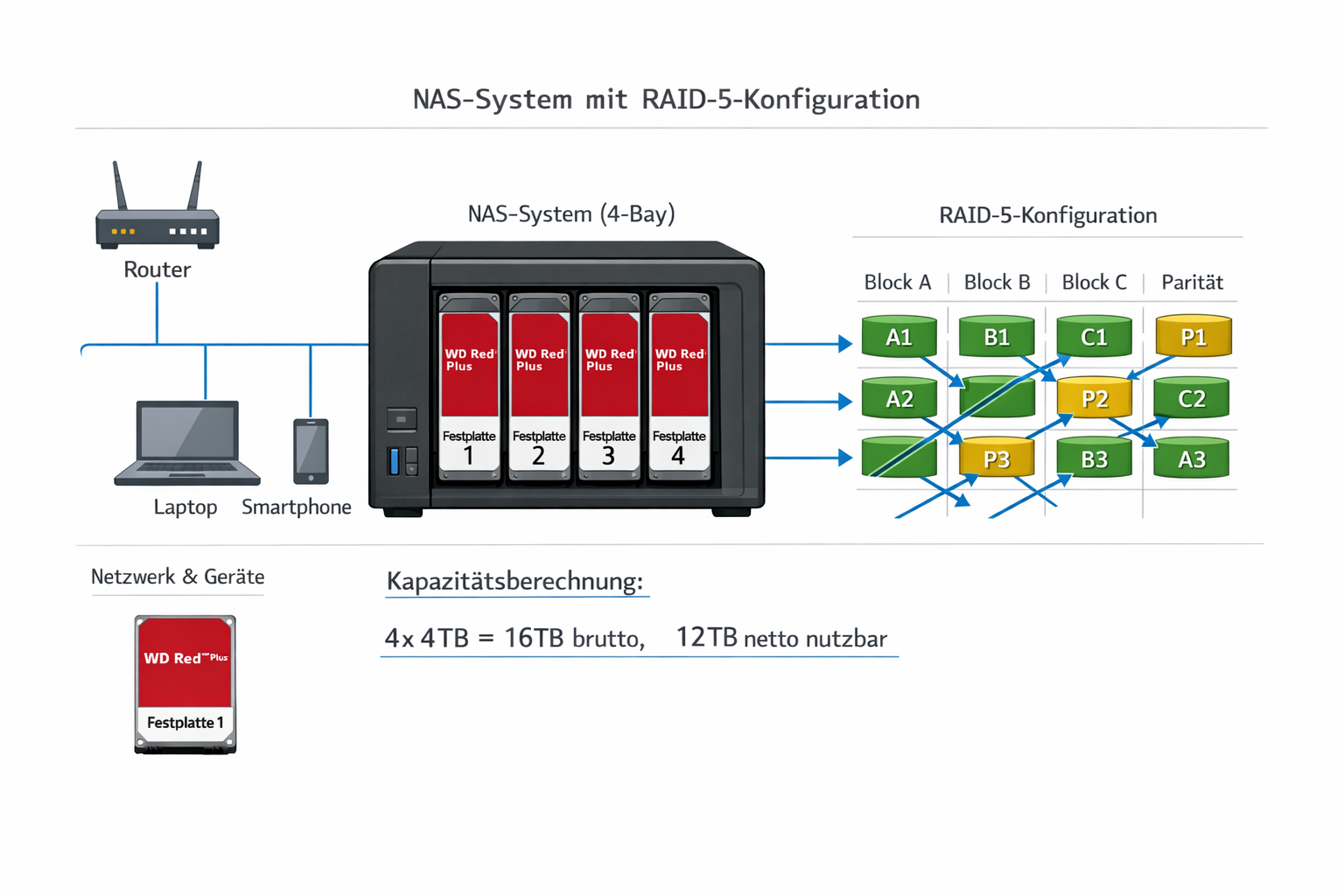 NAS RAID-5 System Diagramm mit WD Red Plus Festplatten und Datenverteilung