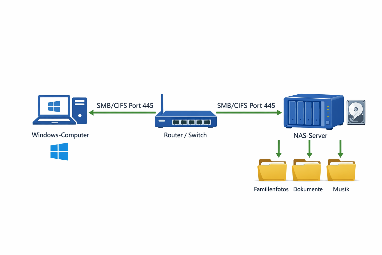 SMB-Netzwerk Diagramm zeigt Verbindung zwischen Windows-Computern und NAS über Router