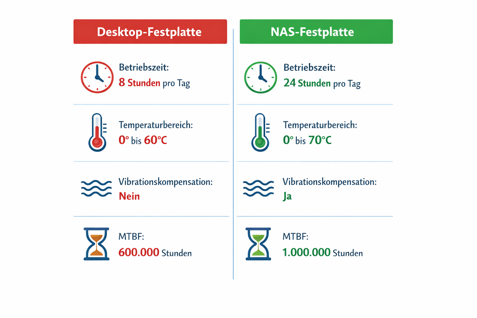 Desktop vs NAS Festplatten Vergleichstabelle - Betriebszeit, Temperatur und Zuverlässigkeit