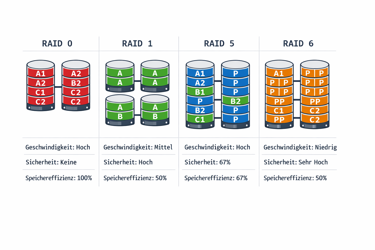 RAID-Level Vergleichsdiagramm mit Performance und Sicherheitsbewertung für NAS-Systeme