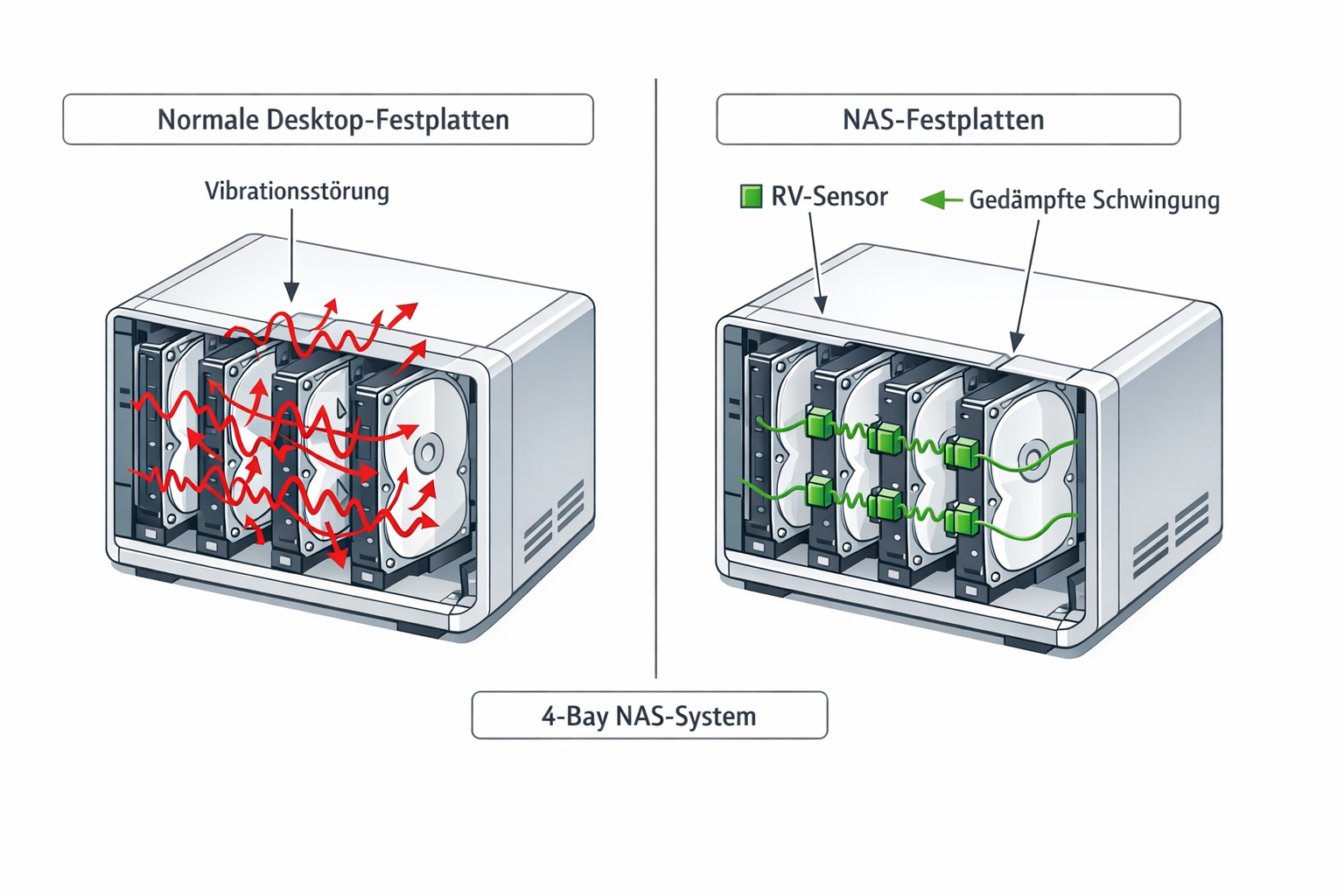 NAS Vibrationsprobleme Diagramm - Desktop vs NAS Festplatten Vibrationsverhalten im Multi-Bay System