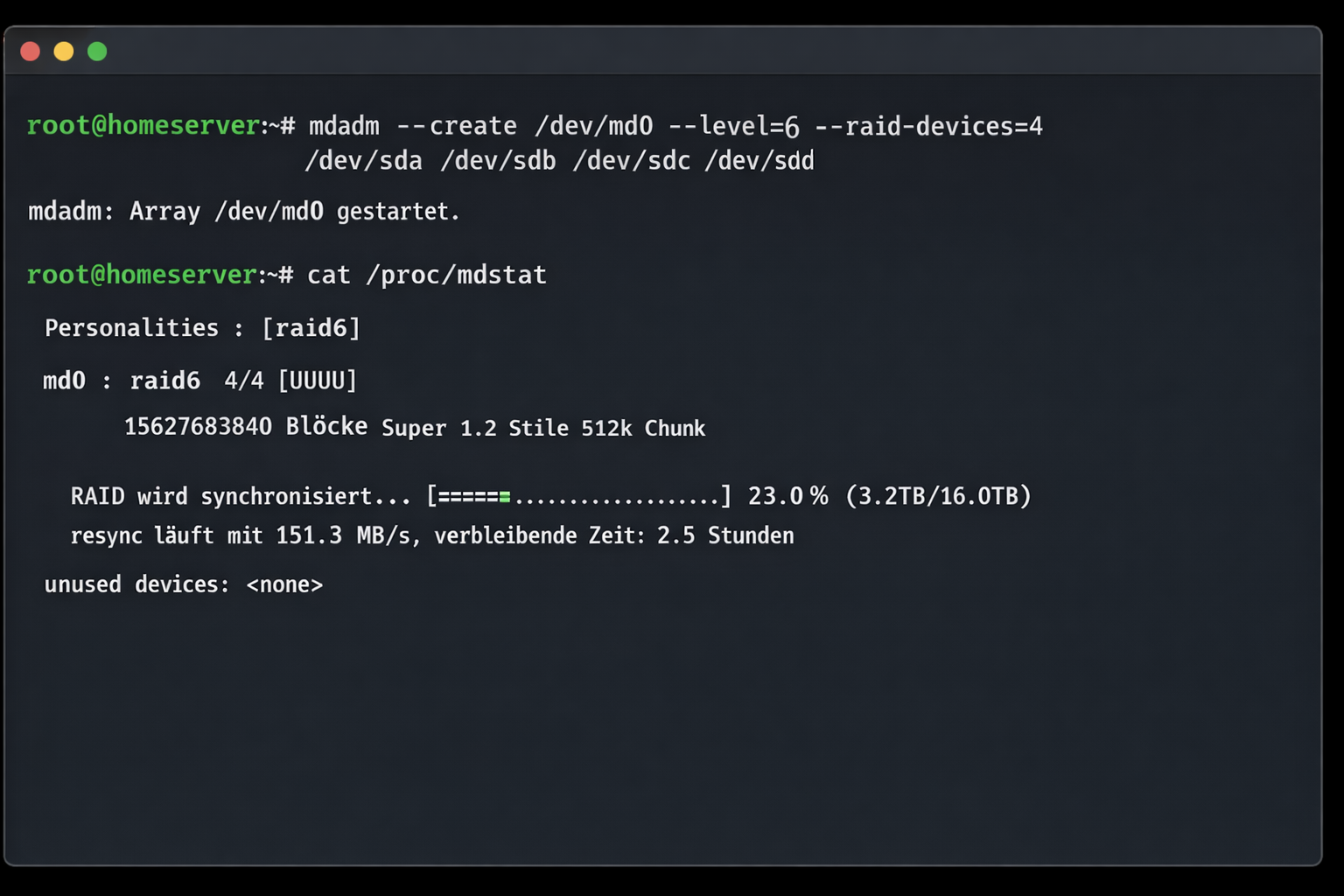 Linux Terminal Screenshot RAID 6 Einrichtung mit mdadm Befehlen