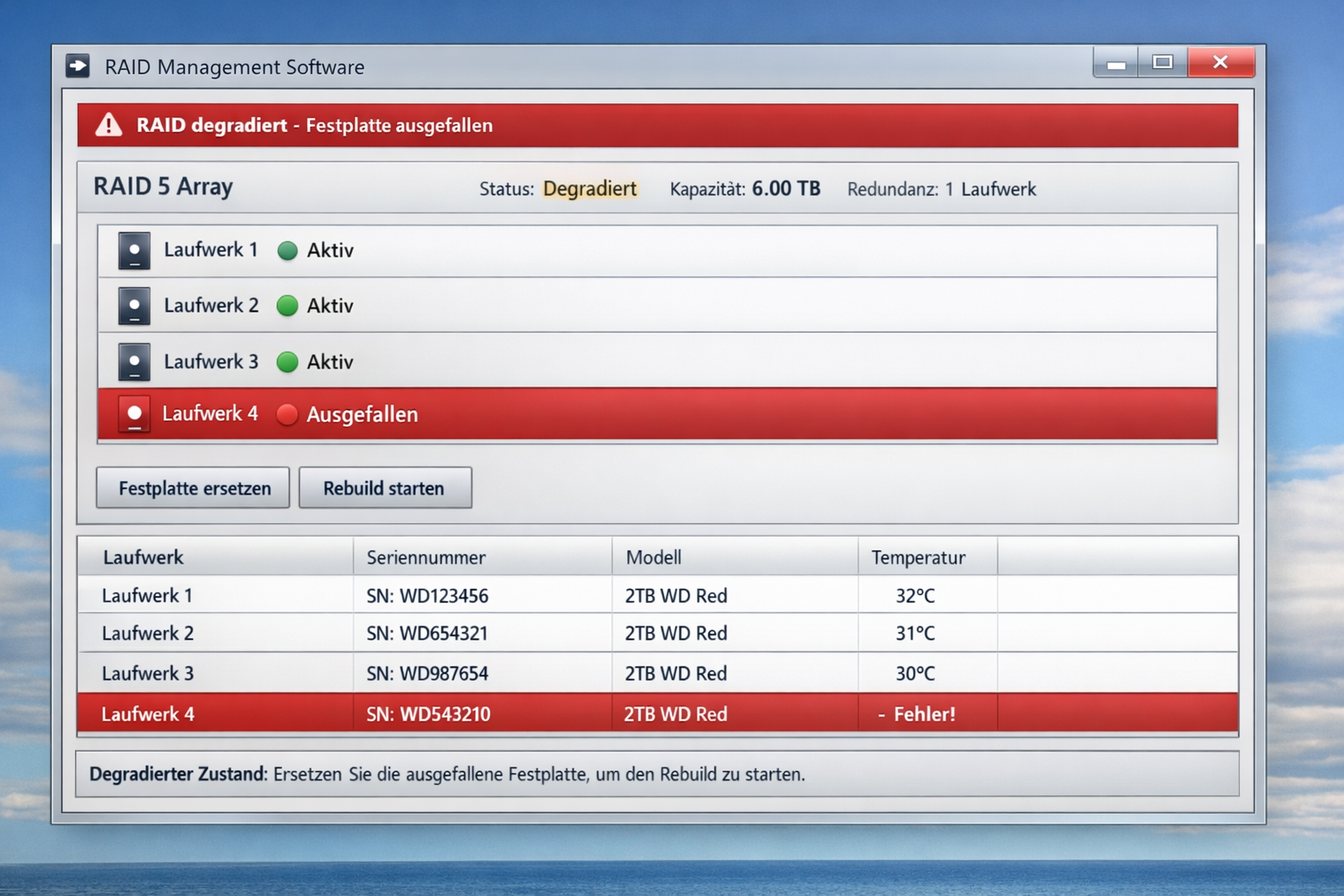 RAID-Management-Software zeigt ausgefallene Festplatte und Rebuild-Optionen