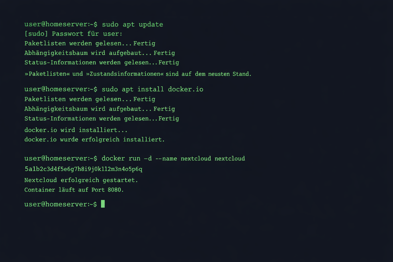 Ubuntu Server Terminal Installation von Nextcloud Docker Container auf Home Server