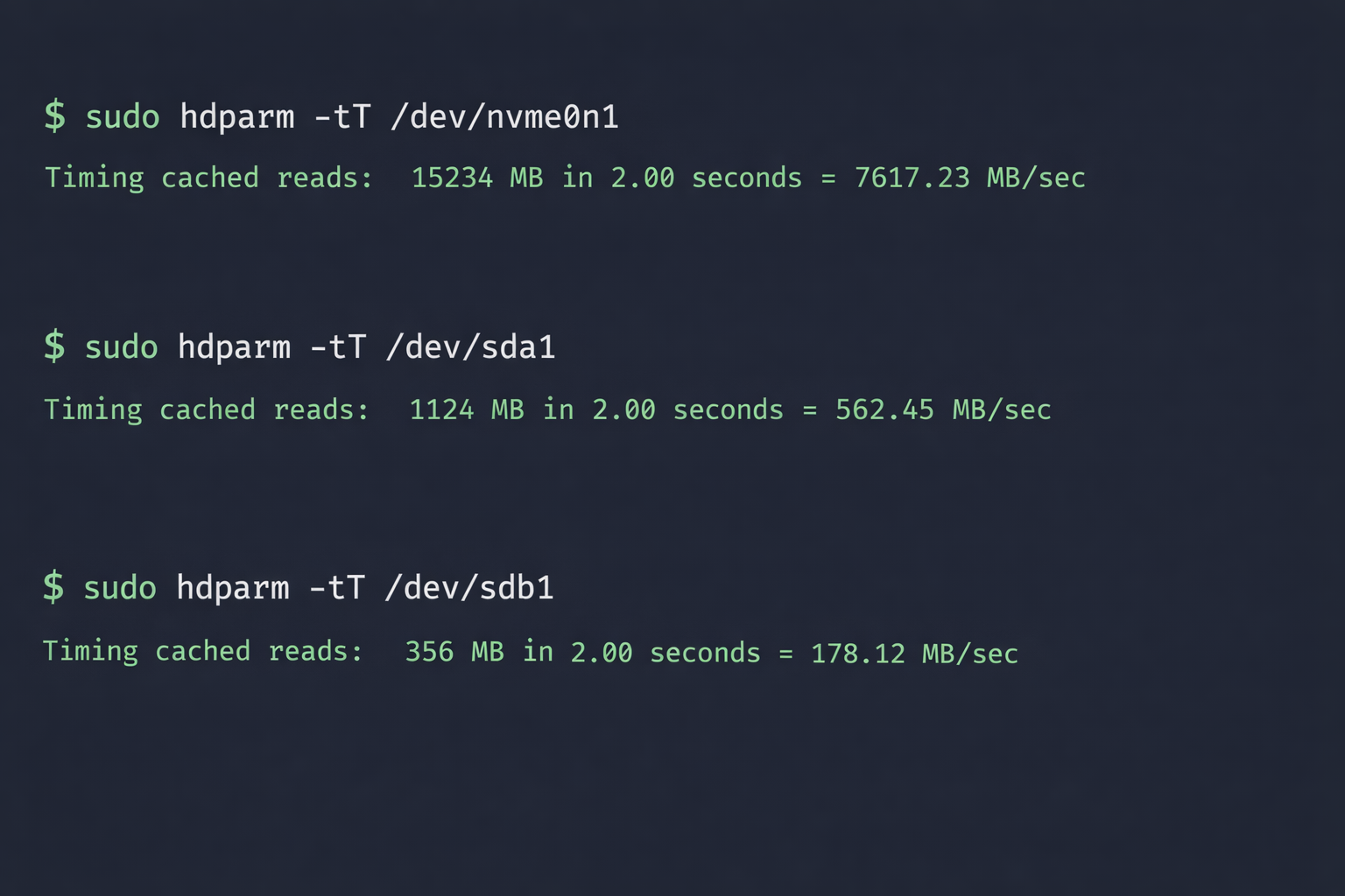 Terminal Benchmark-Test zeigt Geschwindigkeitsunterschiede zwischen NVMe SSD, SATA SSD und HDD