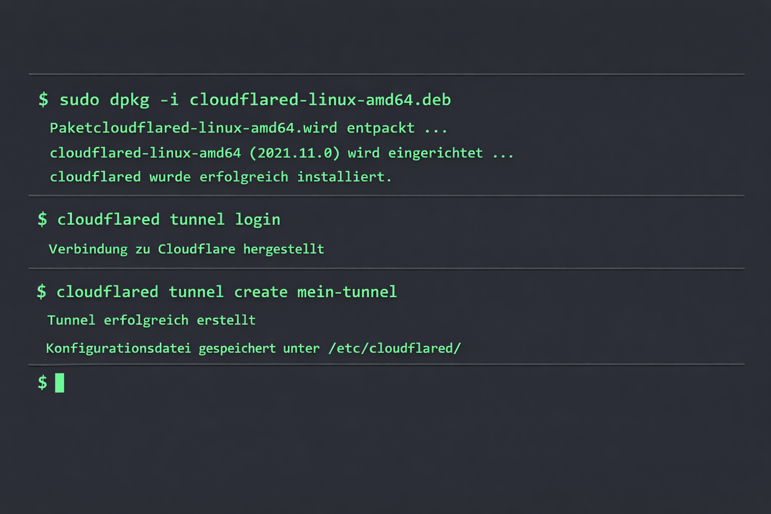 Terminal-Screenshot der Cloudflare Tunnel Installation und Konfiguration unter Linux