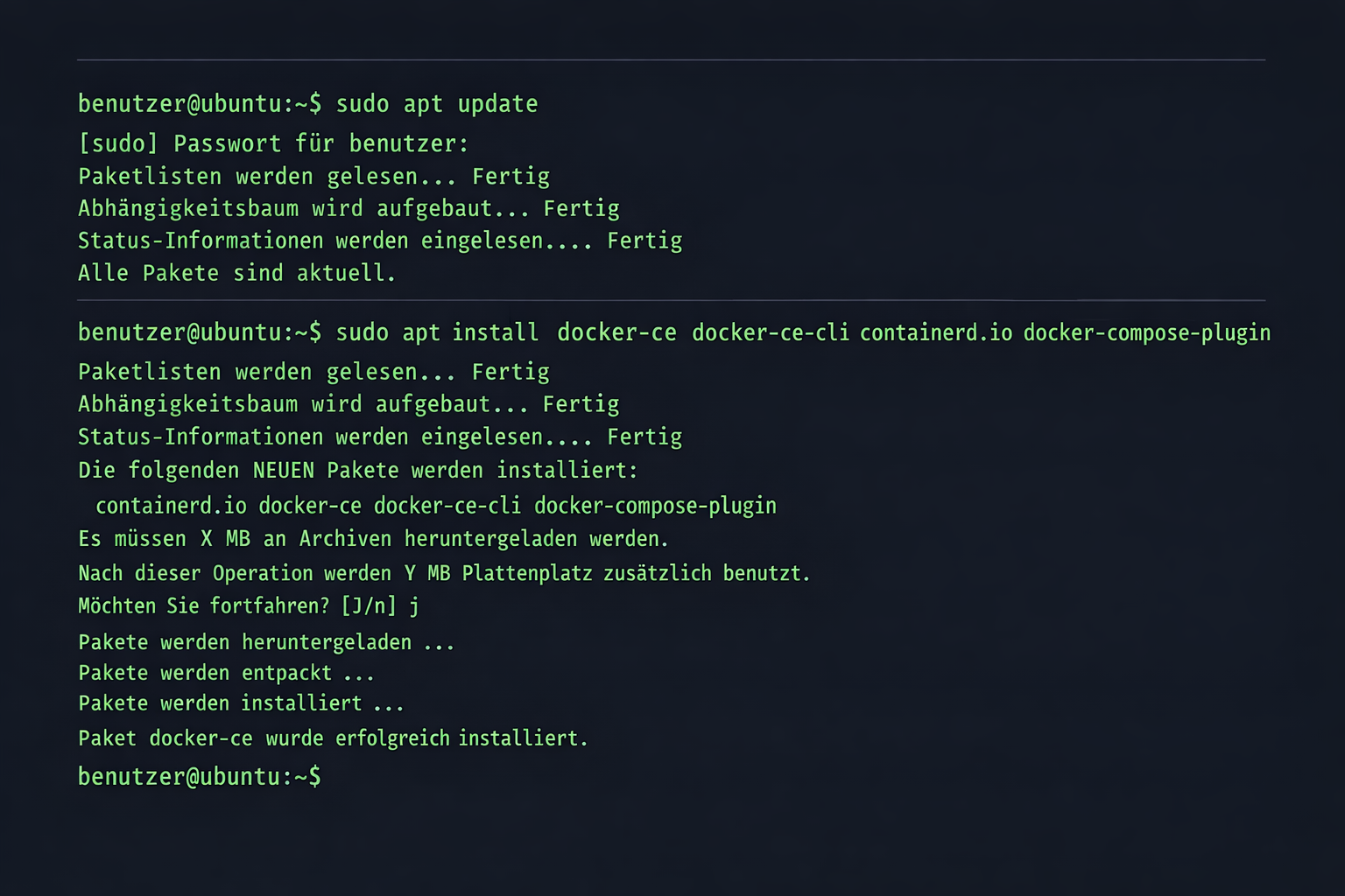 Ubuntu Terminal Screenshot Docker Installation mit apt install Befehlen und deutscher Ausgabe